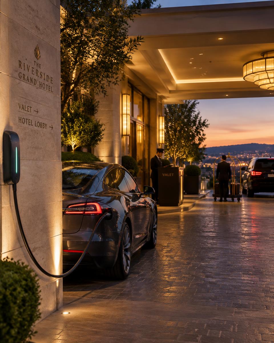 Auto eléctrico cargando en la entrada de un hotel
