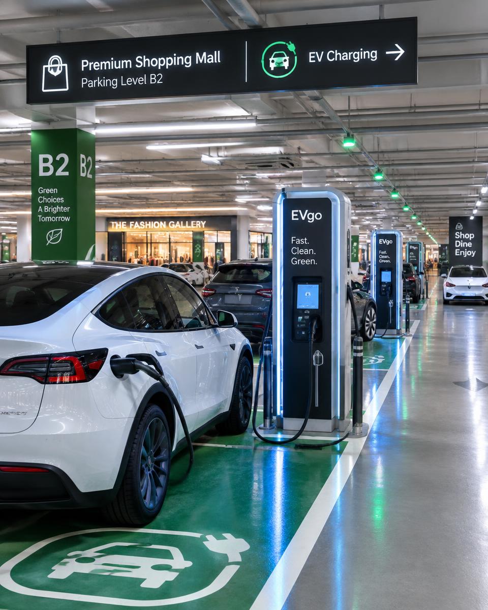Autos eléctricos cargando en el estacionamiento de un shopping