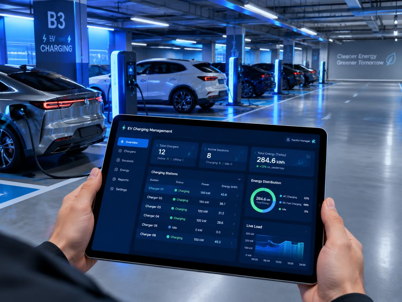 Panel de gestión de carga en una tablet dentro de un estacionamiento