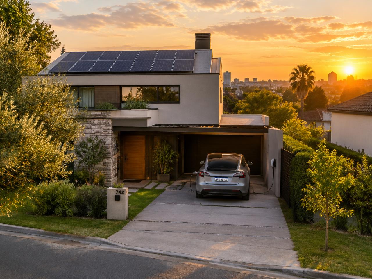 Casa con paneles solares y auto eléctrico en la entrada