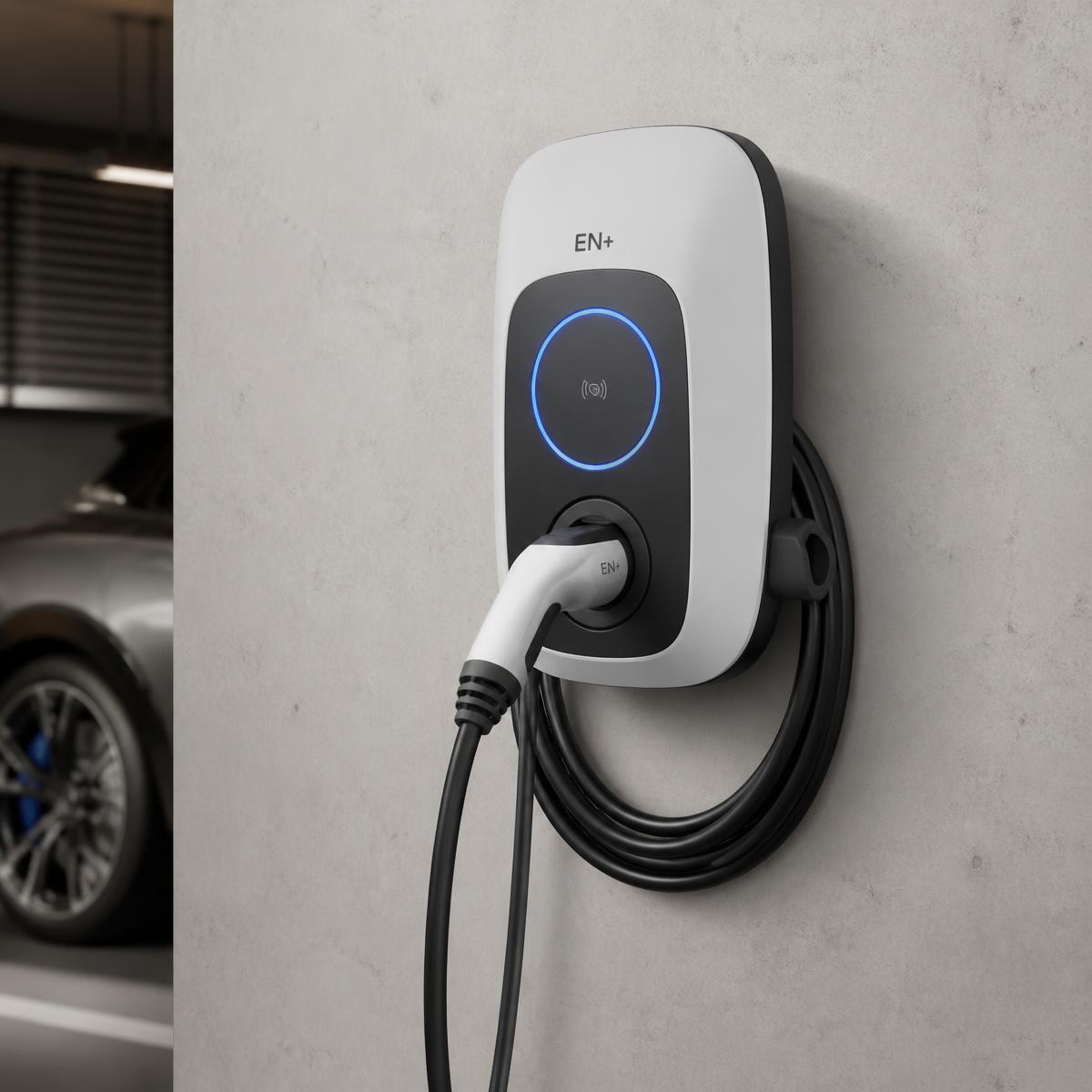Wallbox Max Volten de 7,2 kW montado en la pared de un garage con cable Tipo 2